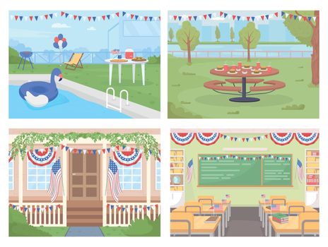 Independence day in America flat color vector illustration set