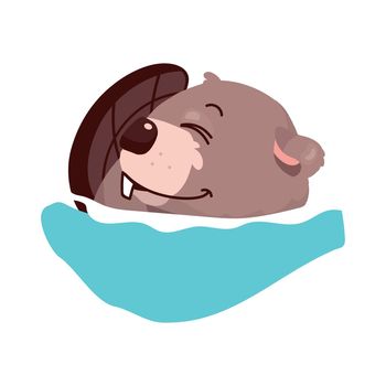 Cute beaver embracing tail and sleeping semi flat color vector character