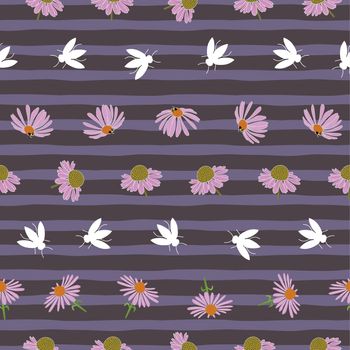 Echinacea flowers seamless pattern design on grey purple stripes