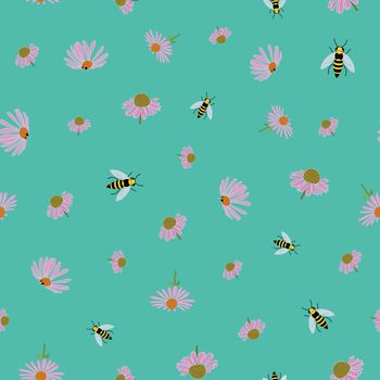 Echinacea design repeat pattern in vector on green