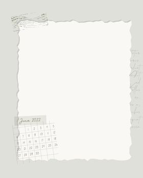 June 2022 Reminder template calendar. To-do list, scrapbooking, notes, plans, stamp, vintage style.