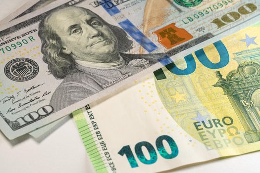 Hundred Dollar and Euro Bills, American and European currency. Money and cash, money exchange