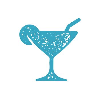 Fresh tasty cool summer cocktail in elegant goblet straw and lemon fruit slice blue grunge texture