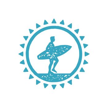 Male surfer carrying board sea wave riding hand drawn circle logo with sun beams grunge texture