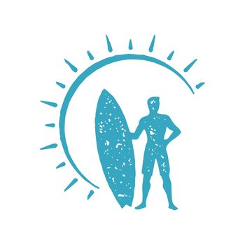 Male surfer standing surfboard at curved arch abstract sun with beams blue grunge texture vector
