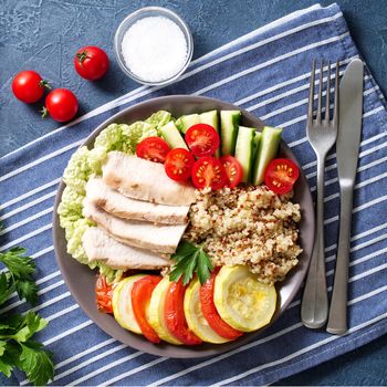 Healthy vegetable buddha bowl lunch with turkey, vegetables and