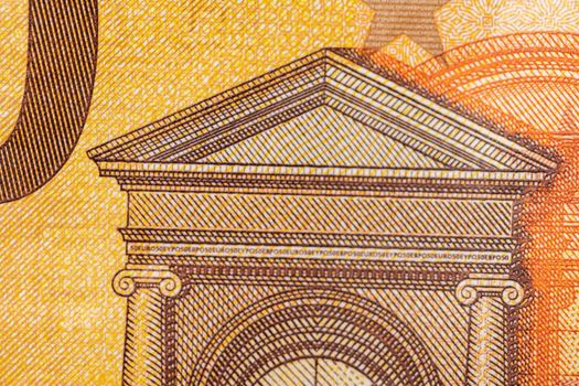 Closeup of 50 Euro banknote, Design of new 50 Euro Bills. European Money Fifty Euros. European Monetary Union