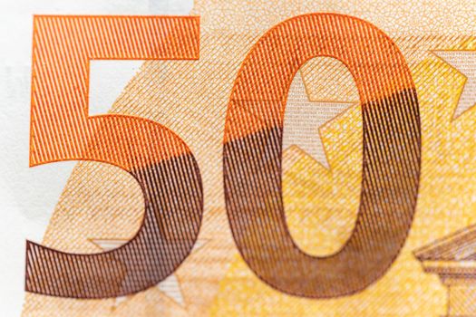 Closeup of 50 Euro banknote, Design of new 50 Euro Bills. European Money Fifty Euros. European Monetary Union