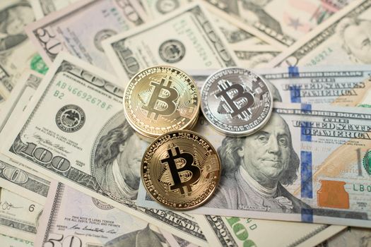 Bitcoin and Dollar coins, USD with BTC Coins, Digital Currency in contrast to Fiat Money