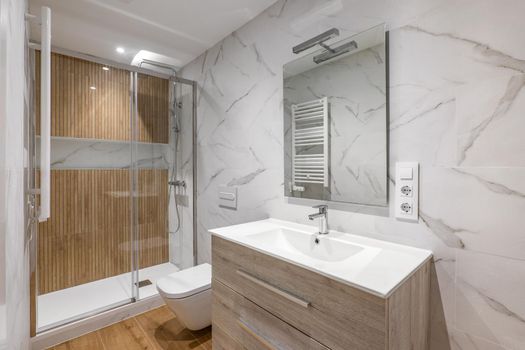 Interior of modern refurbished bathroom with shower with wooden finishing