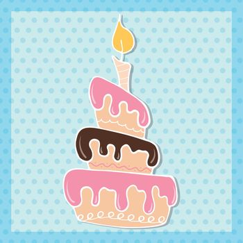 Colorful birthday cake with candle. Hand drawn outline illustration using doodle art