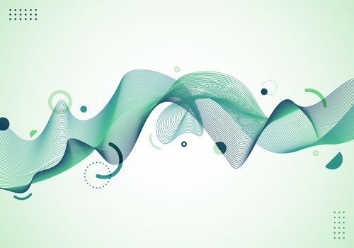 Abstract dynamic wave wavy green lines with geometric elements on white background. Vector illustration
