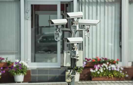 Security cameras in front of the building
