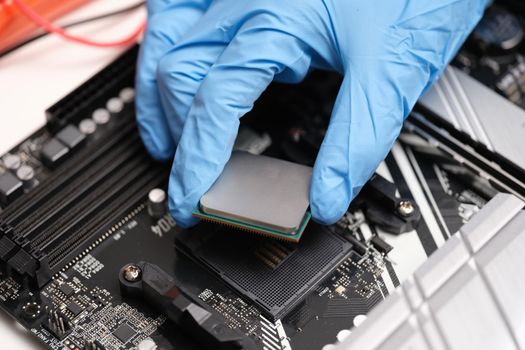 Engineer hand sets the processor to the motherboard
