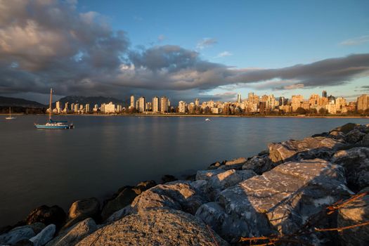 View on Downtown Vancouver during a cloudy winter sunset.