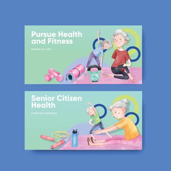 Twitter template with senior health fitness concept,watercolor style