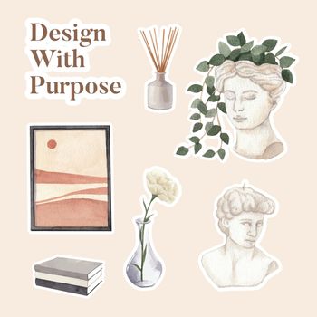 Sticker template with nordic antique home concept,watercolor style