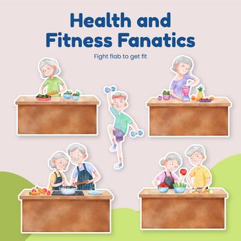 Sticker template with senior health fitness concept,watercolor style