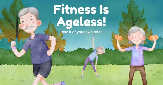 Facebook template with senior health fitness concept,watercolor style
