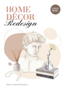 Poster template with nordic antique home concept,watercolor style