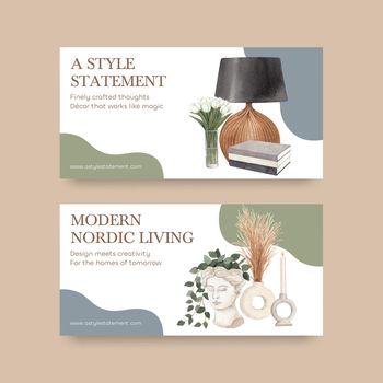 Twitter template with nordic antique home concept,watercolor style