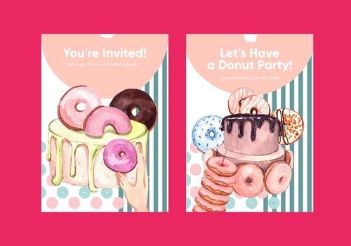Invitation card template with donut party concept,watercolor style