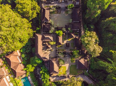 Aerial shot of the Pura Gunung Lebah temple in Ubud on the Bali island