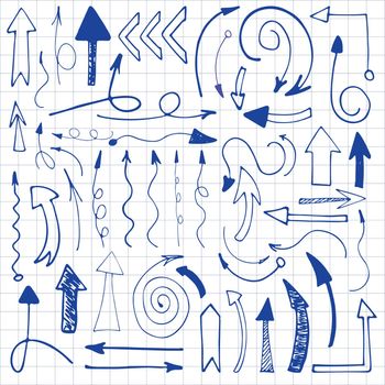 Arrow graphic paints collection on school book paper background drawing with pen. Direction symbol elements icons