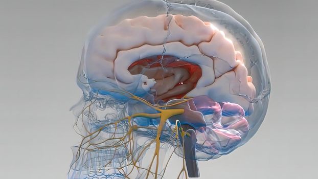 Human brain with neuronal impulses.
