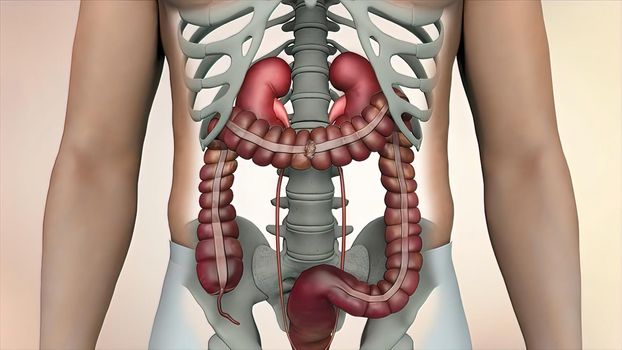 Colon during a enteroscopy with a intestinal or bowel cancer tumor visible.