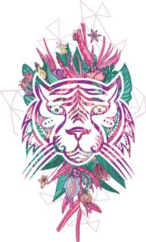 Girly tattoo style tropical tiger face portrait