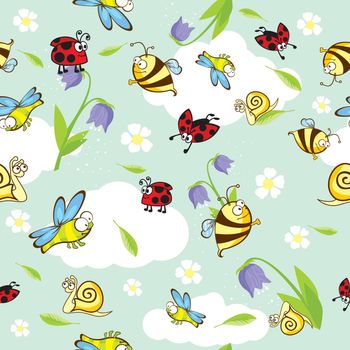 Vector spring funny cartoon insects seamless pattern