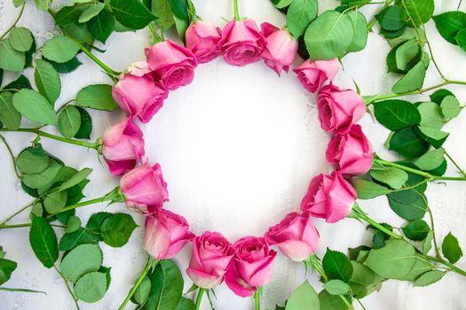 Circle flatlay Frame made of pink rose flowers