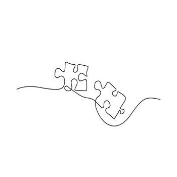 Continuous one-line drawing of two puzzle pieces on a white background. The puzzle game symbol and sign is a business metaphor for problem solving, solutions and strategies.