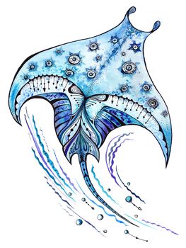 Manta ray sea animal watercolor and ink illustration