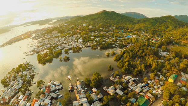 Aerial view Coron city with slums and poor district. Palawan. Bu