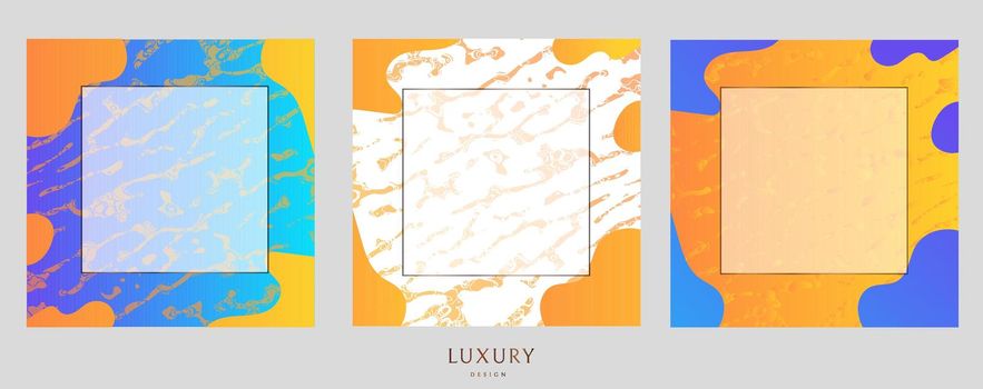 Golden frame abstract. A set of gilded frames and abstract spots. Blue and yellow watercolor stains. Gradient bright color. Modern minimalist design. Vector illustration.