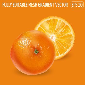 Whole orange with a round slice on an orange background.