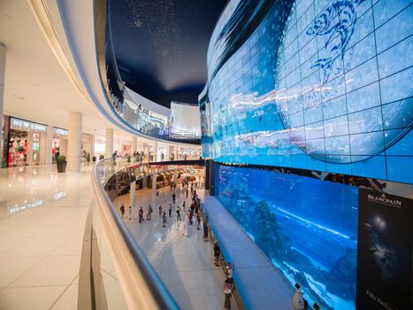 Dubai, UAE - May 15, 2018: Aquarium in Dubai Mall - world's largest shopping mall, Downtown Burj Khalifa.
