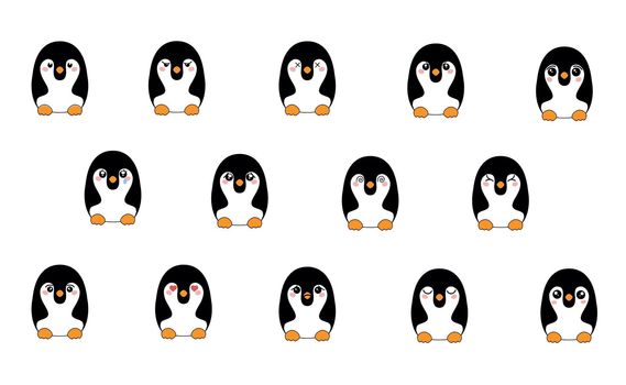 Kawaii. Set of cute penguins. Hand drawn emotional cartoon characters. Cute characters with different faces, funny emotions.