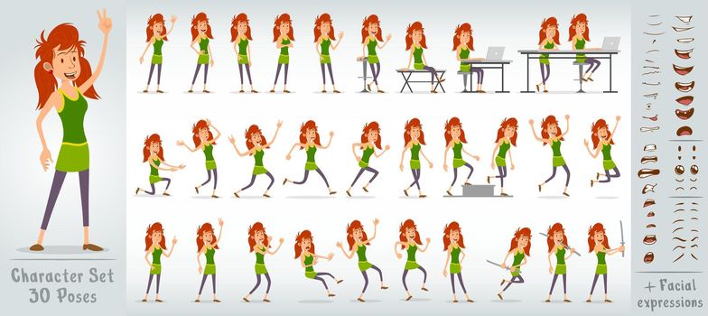 Cartoon flat redhead girl character big vector set