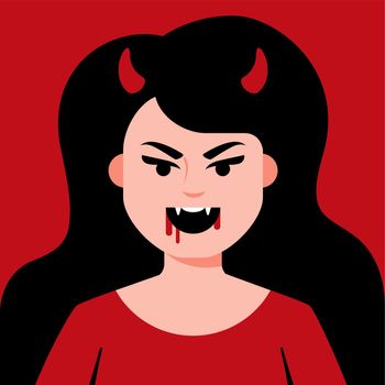 Devil girl with horns and sharp teeth