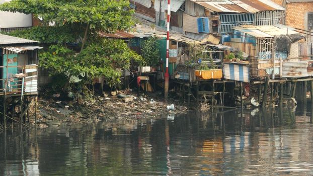 Views of the city's slums from the river in Vietnam.