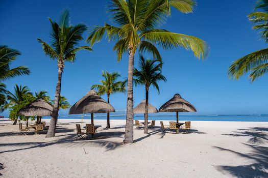 Le Morne beach Mauritius,Tropical beach with palm trees and white sand blue ocean and beach beds with umbrella,Sun chairs and parasol under a palm tree at a tropical beac, Le Morne beach Mauritius