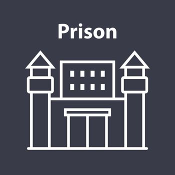 prison building icon with towers on a black background.