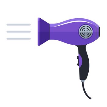 purple hair dryer blows air on a white background.
