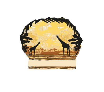 Grunge background with giraffe silhouette on abstract African fauna and flora 