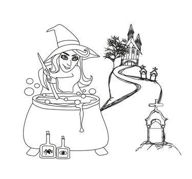 Halloween witch preparing potion - doodle 