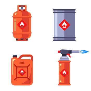 set of containers with flammable substances. storage of hazardous liquids in containers.