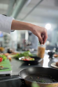 Close up of gastronomy expert hands garnishing gourmet dish with chopped fresh herbs in restaurant kitchen.